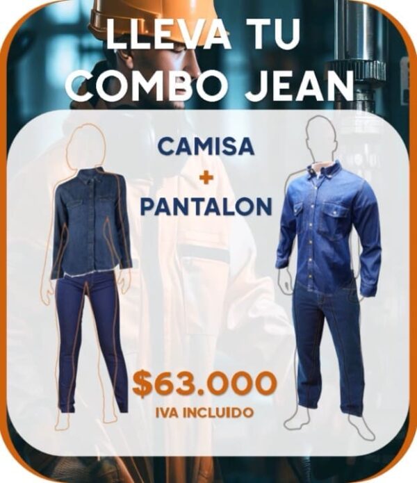 Combo Jean Industrial Caballero con pantalón y camisa de jean para dotación industrial.