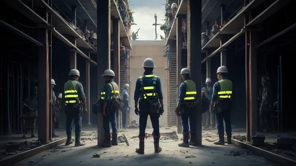 Trabajadores usando casco de seguridad en un sitio de construcción.